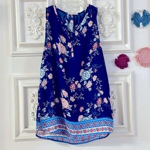 Ladies, Navy & Pink Floral Sleeveless Vented Tunic Blouse || US Medium